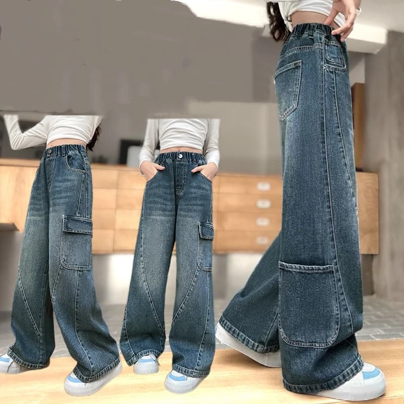 Pantaloni cargo per ragazze Jeans Casual Pantaloni larghi larghi a gamba larga in denim Primavera Autunno 2026 Pantaloni larghi per bambini nuovi adolescenti alla moda