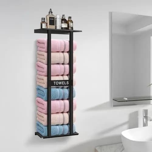 Organizzatore per asciugamani da parete verticale nero da 30 pollici con ripiano – Contenitore resistente per sei asciugamani arrotolati, bagno compatto