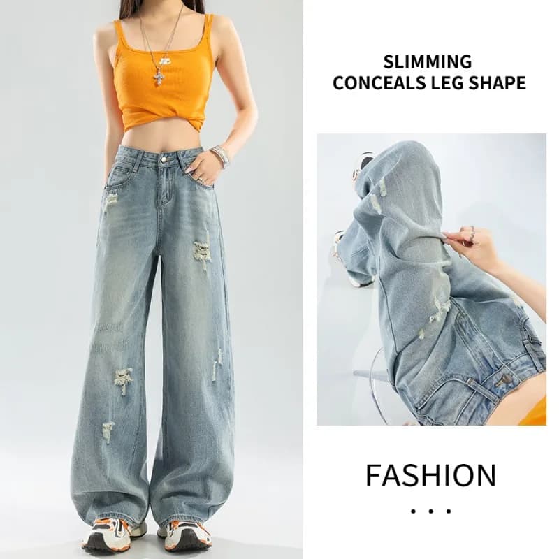 Women's Jeans Vintage Ripped High Waist Loose Straight Wide Leg Casual Summer Women's Pants