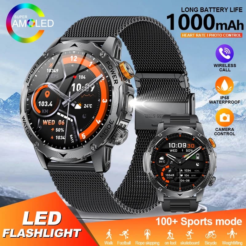 LIGE 1000mah Standby lungo Smart Watch Uomo con schermo AMOLED Torcia a LED Sport IP68 Impermeabile Chiamata Bluetooth Smartwatch da uomo