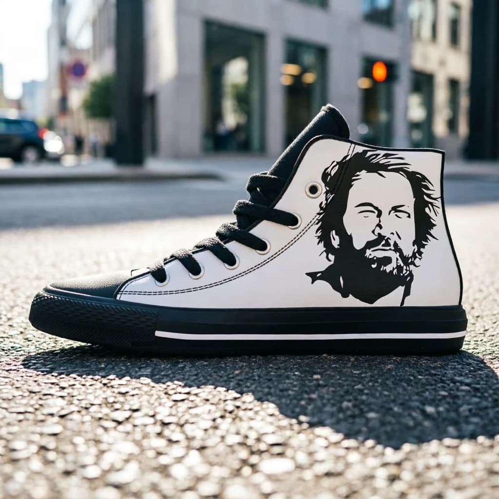 Scarpe alte personalizzate esclusive di Bud Spencer, stampa artistica classica con motivi cinematografici, sneakers comode e traspiranti, per il tempo libero unisex e per l'outdoor