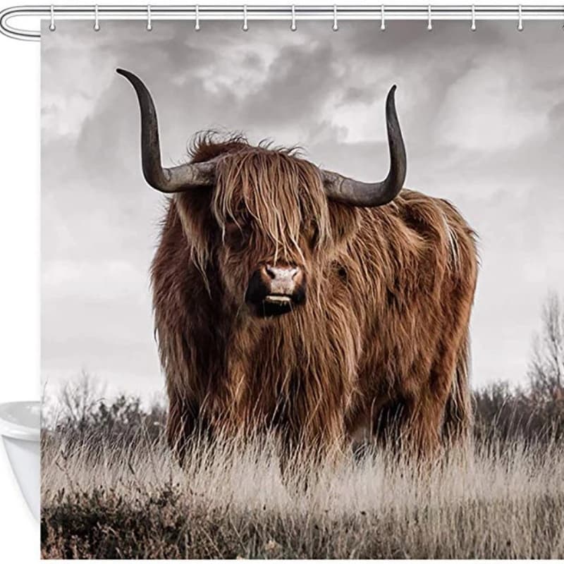 Tenda da doccia per mucca delle Highland Toro rustico Agriturismo occidentale Bovini Accessori per il bagno di campagna Divertente arredamento per il bagno di animali da fattoria