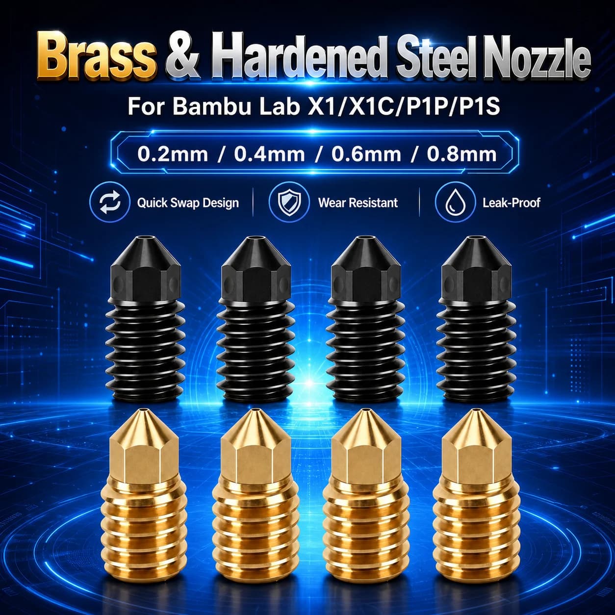 Hardened Brass Steel Nozzle for Bambu Lab X1 X1C P1P P1S 3D Printer Upgraded Hotend Replacement Parts 0.2/0.4/0.6/0.8mm