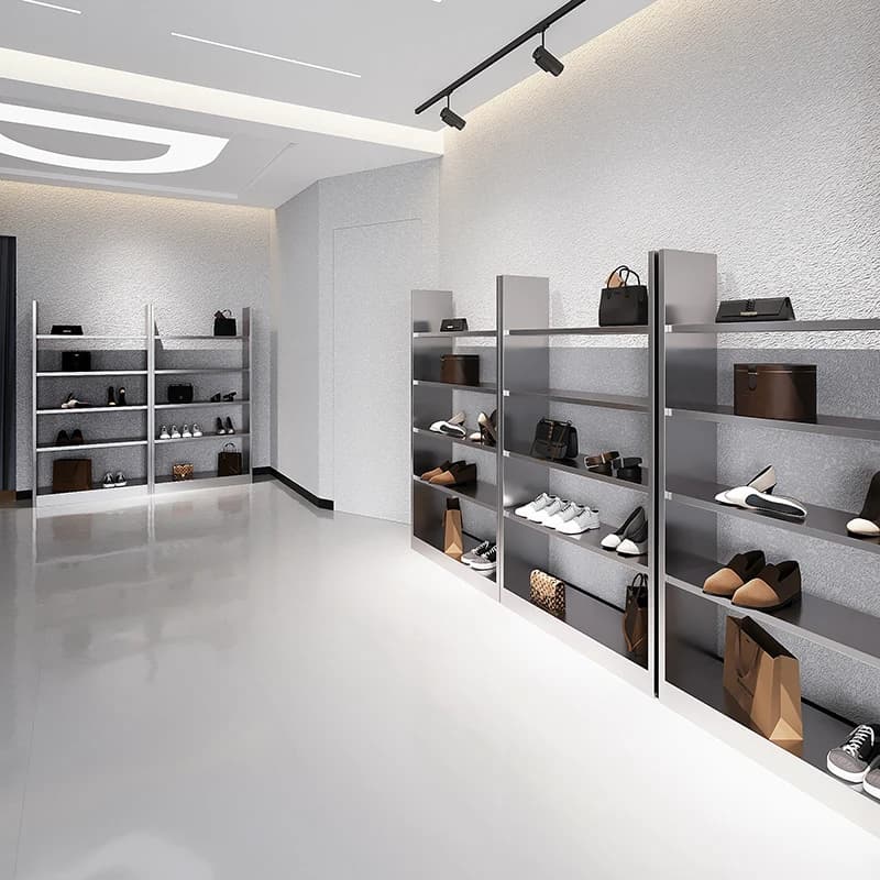 Espositore per scaffali per scarpiera Scarpiera dal pavimento al soffitto Appendiabiti Borsa per abbigliamento Negozio di abbigliamento in acciaio inossidabile spazzolato Multi-l