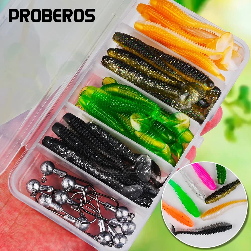 Proberos 50 pcs/box Soft Fishing baits Silicone Rectangular Set Artificial Esche Verme Sets with Manovella Jig Head Hook Fishing Equipment