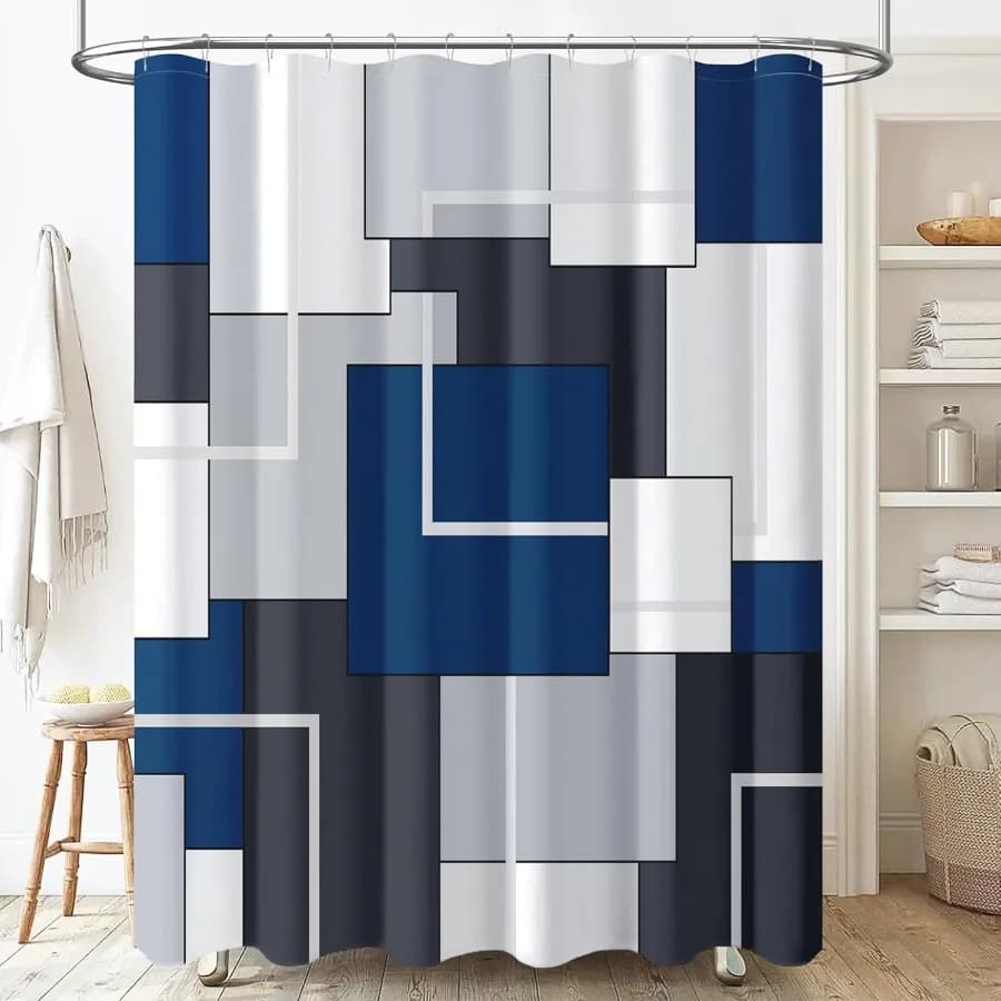 Tenda da doccia in tessuto blu vy Set di tende da doccia idrorepellenti geometriche Lavabile in lavatrice Panno decorativo moderno in poliestere S