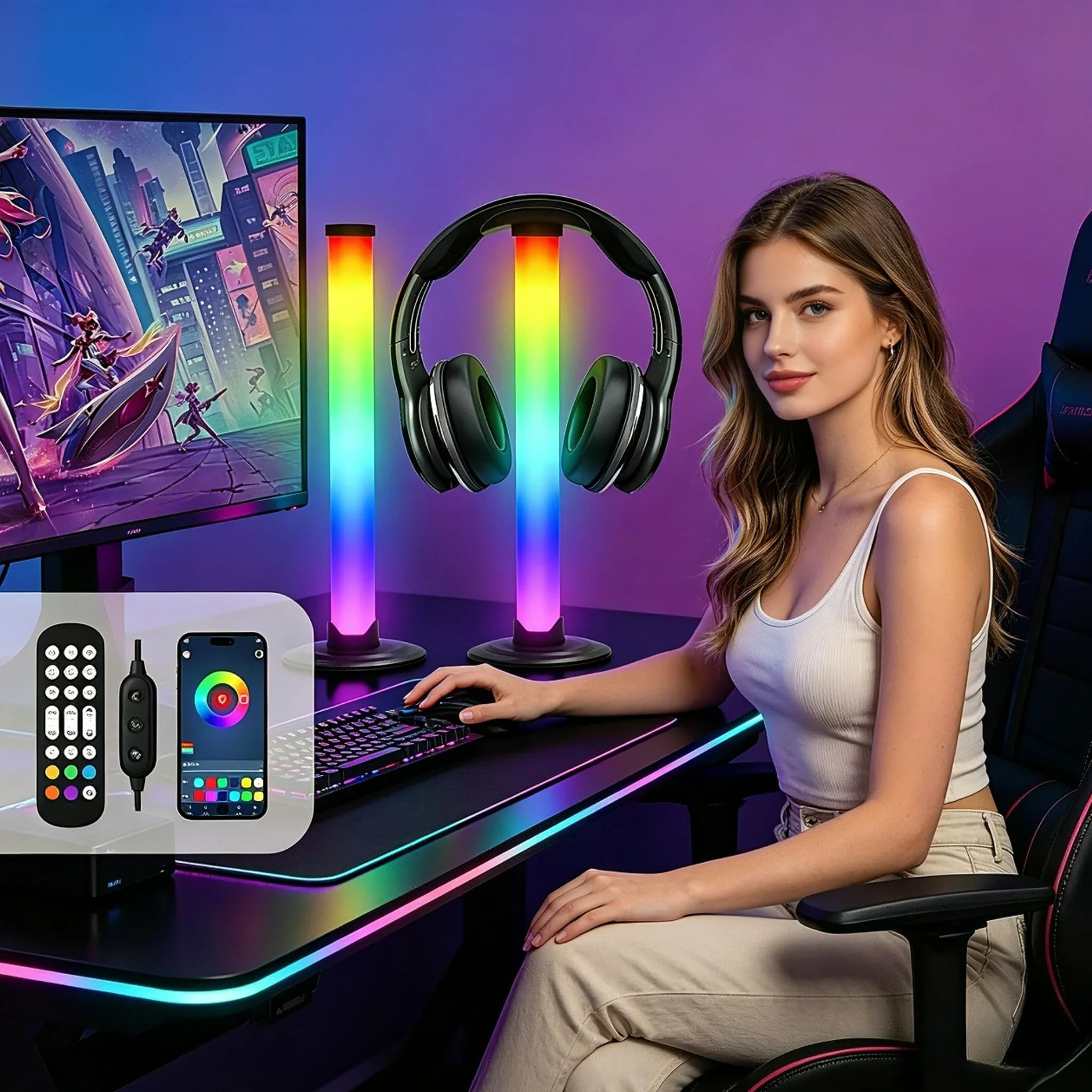 Luce Atmosferica per Computer e Esports, Luce Ritmica Musicale, Controllo Remoto e APP, Supporto Staccabile per Auricolari