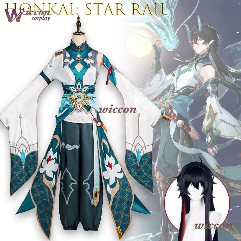 WUHU Dan Heng Cosplay Costume with Copricapo, Moon Imbibitor Earrings, Halloween Accessories Set, Outfit Danheng for Comic Con and Feste