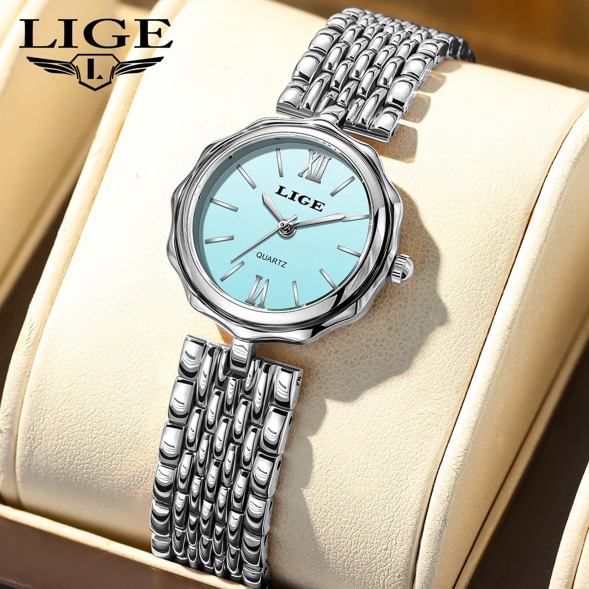 LIGE Orologio da donna al quarzo moda Semplice ed elegante quadrante quadrato Cinturino in acciaio inossidabile dorato Orologi da lavoro impermeabili per il tempo libero + scatola