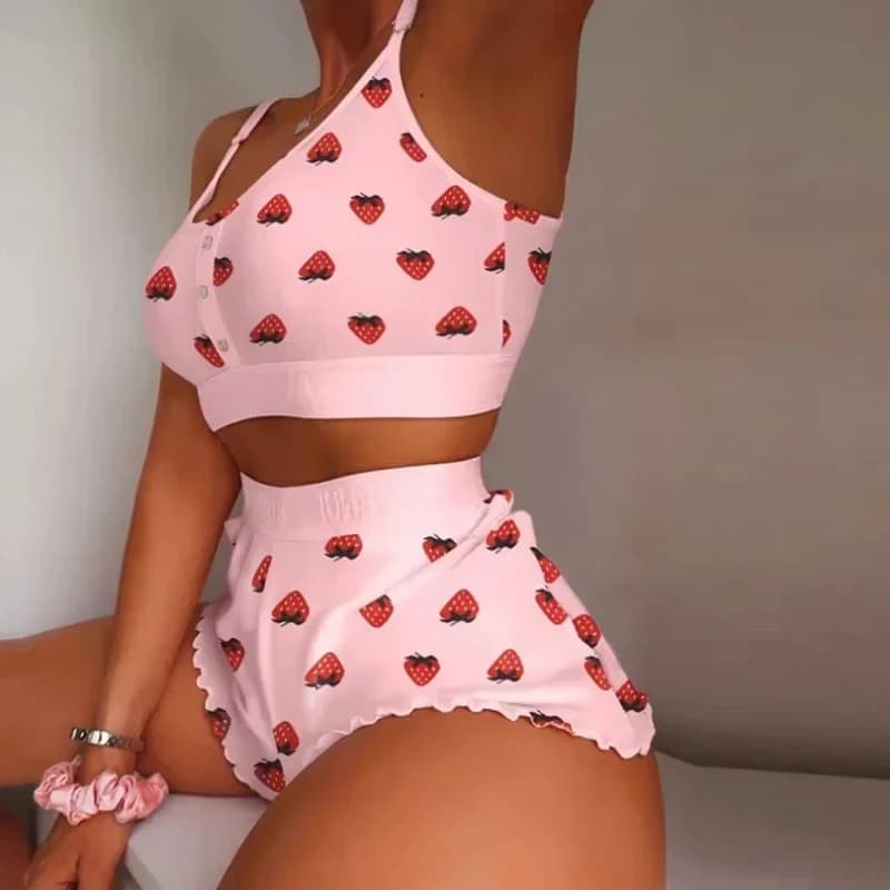 Nuovo 2025 Set Pigiama da Donna con Stampa Labbra e Farfalle, Top Canotta con Reggiseno e Pantaloncini, Lingerie da Notte