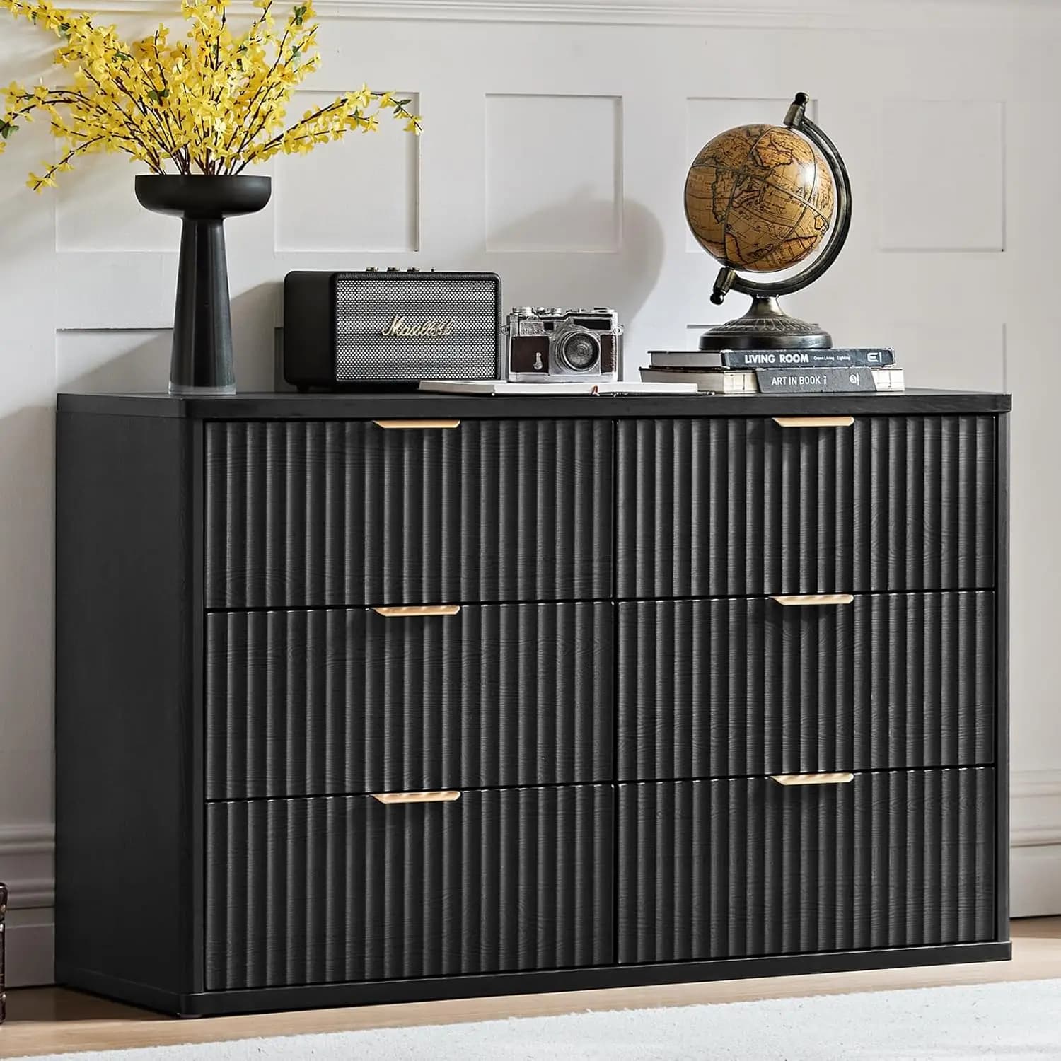Cassettiera scanalata a 6 cassetti per camera da letto, cassettiera moderna larga 48 pollici con maniglia in metallo, profilo curvo nero stile rustico