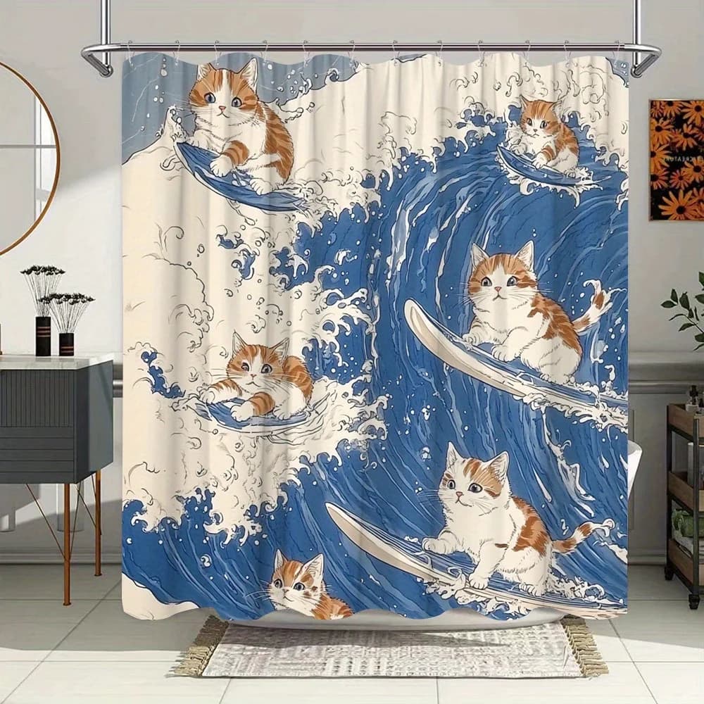 Tenda da doccia - Ginger Tabby Kittens Surfing, Stile Ukiyo-e, Colori vivaci, Poliestere, Decorazione da bagno giocosa