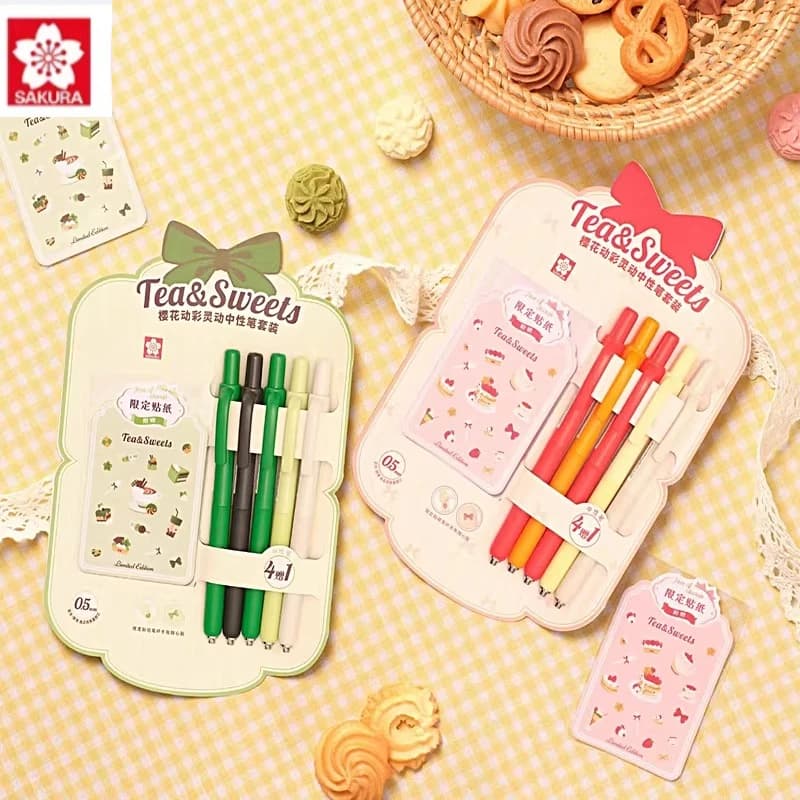 Set di Penne Gel a Pressione Sakura Vibrant Neutral - Edizione Limitata Colore Dopamina 5 Penne con Adesivi, Scrittura Fluida per Ufficio e Studio