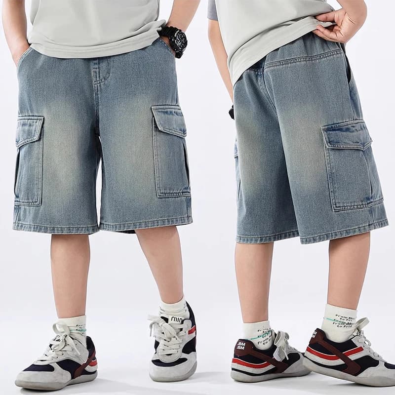 Summer Teen Boys Denim Shorts Fashion Solid Color Big Pocket Thin Jeans Pants For 4-14 Years Kids Children Casual Trousers