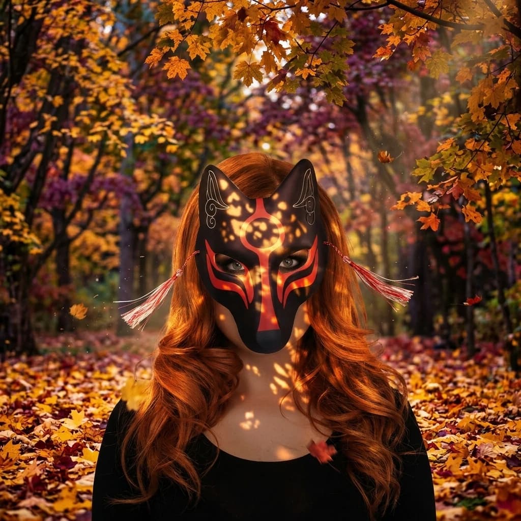 Black Red Fox Mask Japanese Kitsune Style Tassel Half Face Costume Halloween Cosplay Carnival Show Party Stage Anime Prop Gear