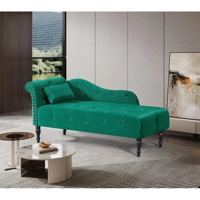 Chaise longue in 60.6" velvet with quilted buttons, finishes with nail head, solid wood legs, 1 cushion, green, design with left armrests