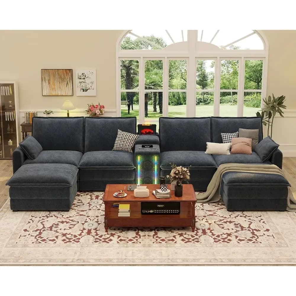 ular Sectional Soa, 6 Seat haped Couch Smart ule-Bluetooth Speaker/RGB Light/Huiier/Charging Station, Chenille Sectional Couches