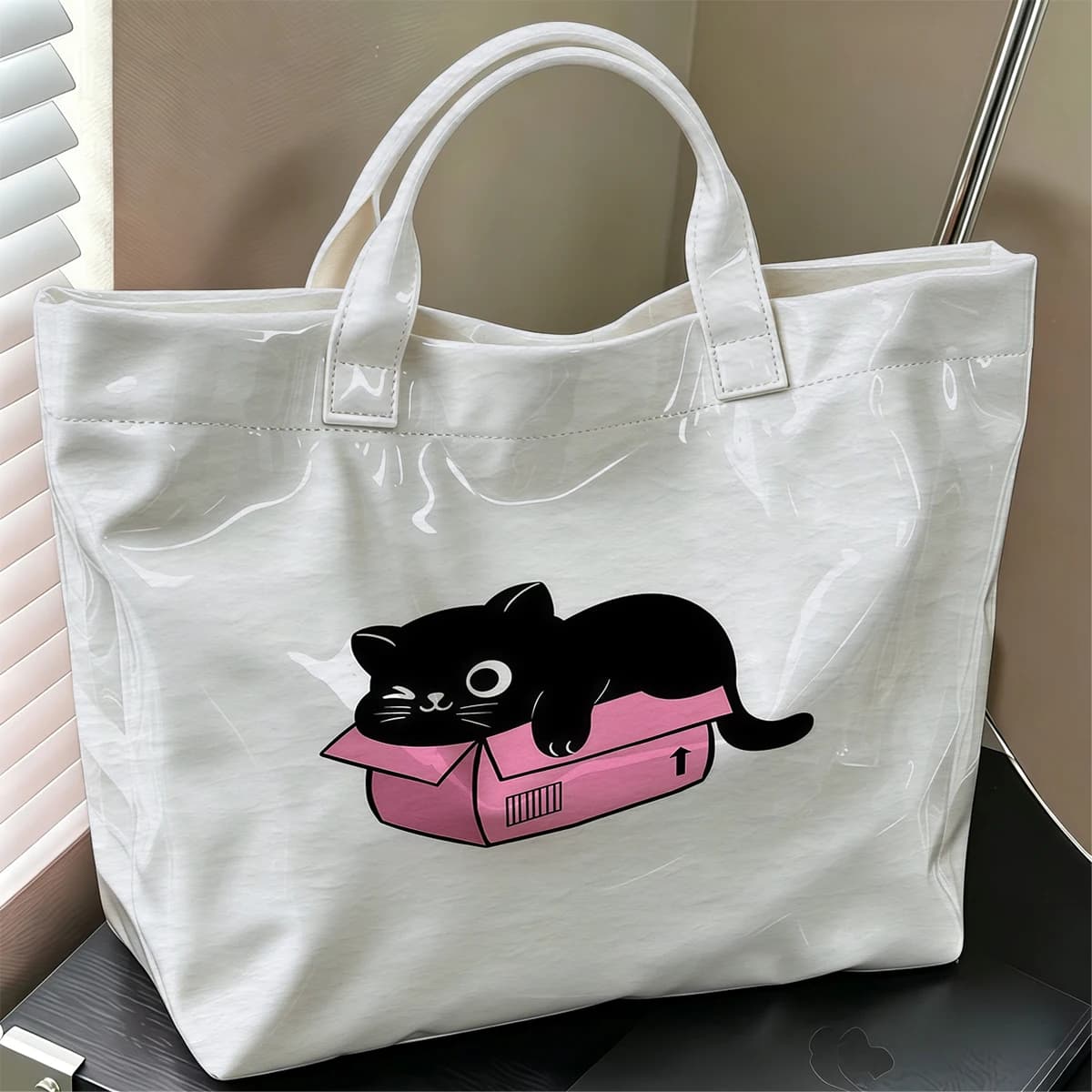 Box Black Cat Hot Sale Large Glossy PVC Tote Bag Hand Washable Waterproof Great for Travel Commute Makeup Storage Handbags