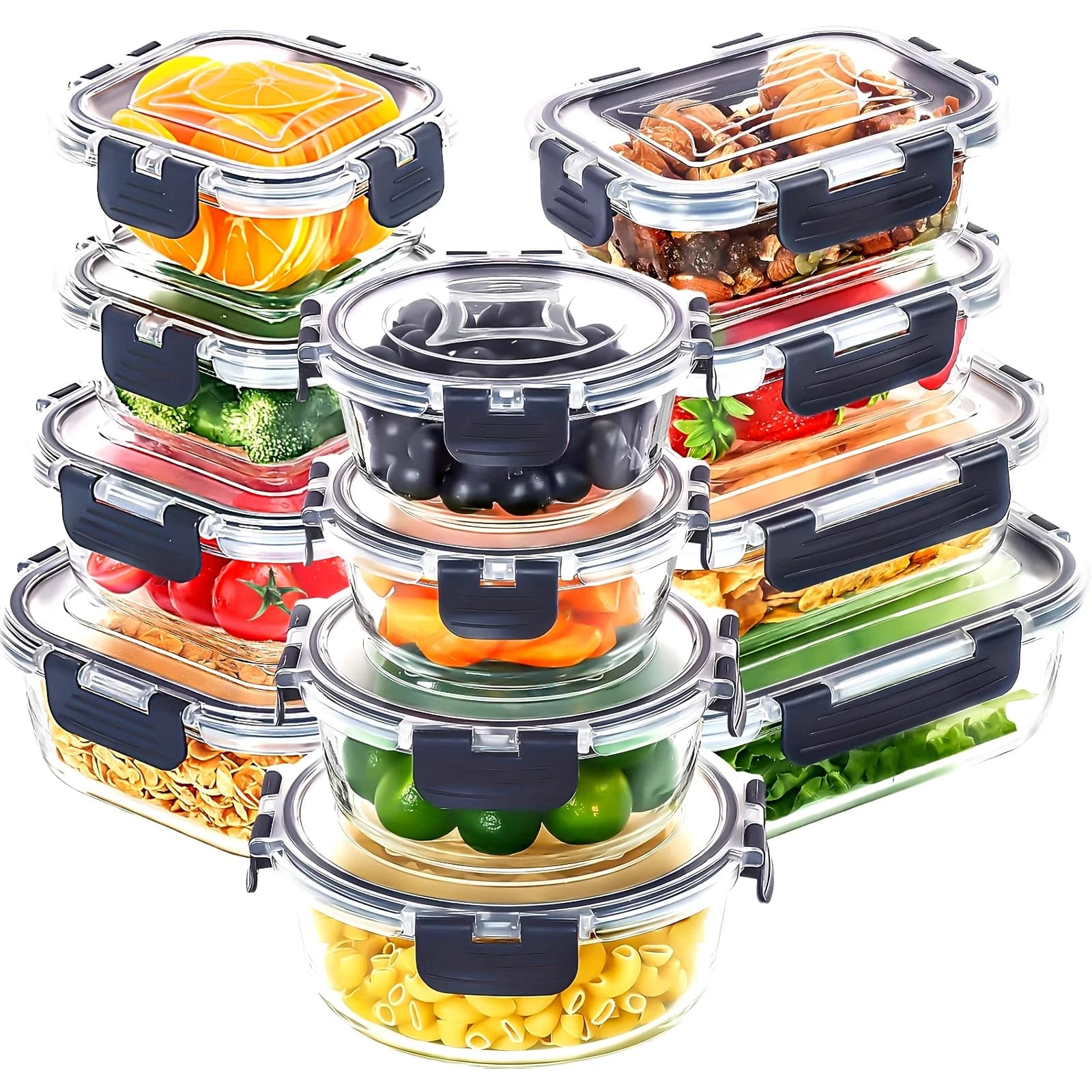Set di 12 Contenitori in Vetro per Alimenti con Coperchi, per Preparazione Pasti, Conservazione in Cucina e Dispensa, Ermetici