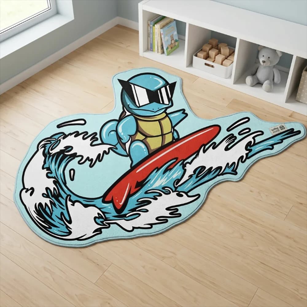 Pokemon Cool Wave Surfing Squirtle Irregular Doormat - Anti-Slip Fluffy Area Rug for Indoor Bedroom & Surf Room