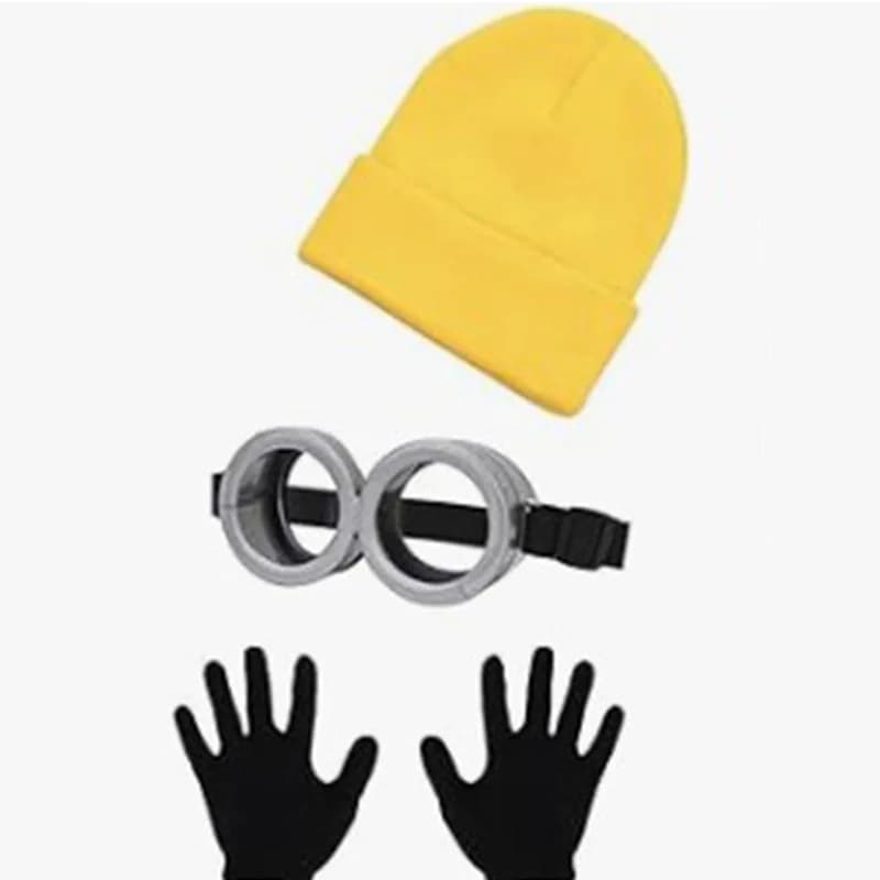 Minions Costume Accessories Set Yellow Knit Beanie Hat 3D Goggles Black Gloves Halloween Cosplay Outfit Kit Party Dress Up Props