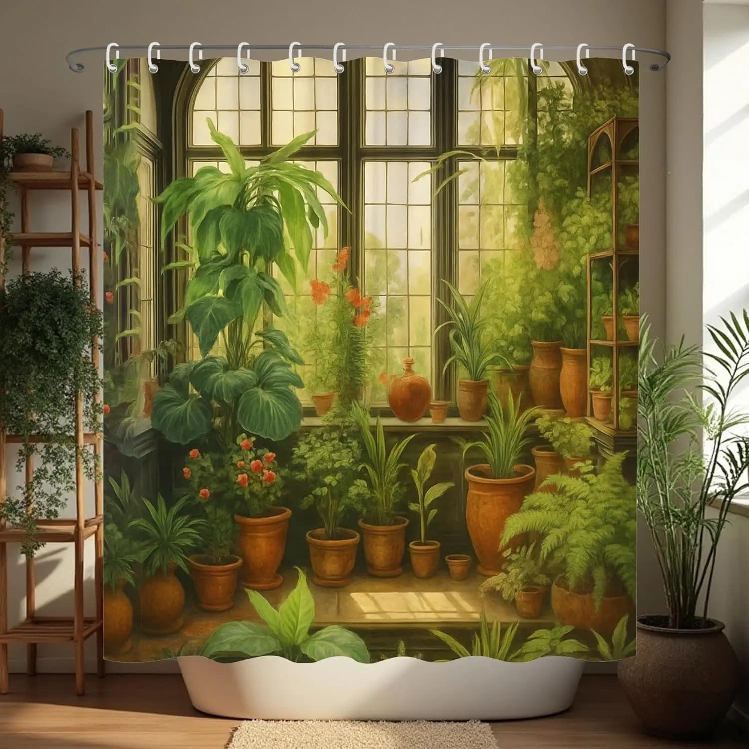 Tenda da doccia con motivo botanico, piante verdi, paesaggistica, impermeabile, in poliestere, per decorazioni da bagno, con ganci