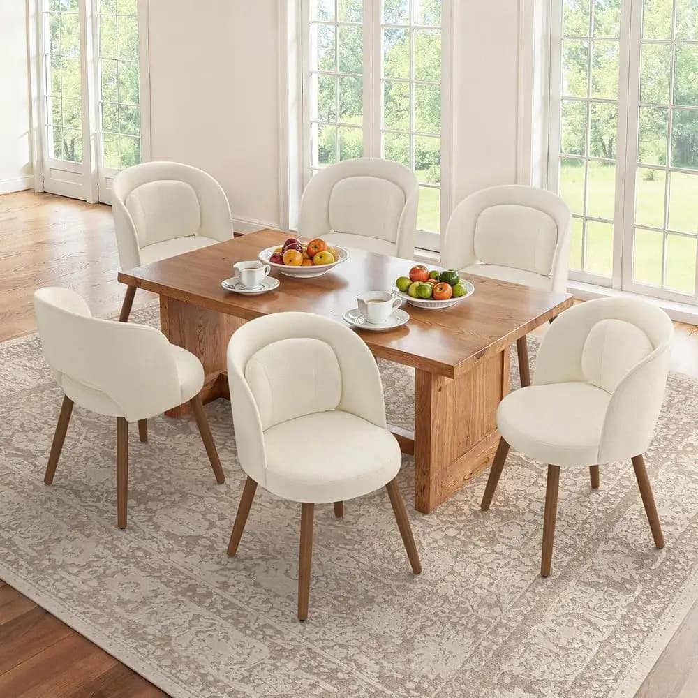 Set di 6 Sedie da Pranzo Imbottite con Gambe in Legno Massello, Cuscini di Supporto Lombare e Schienali Curvi per Casa, Cucina o Sala Relax