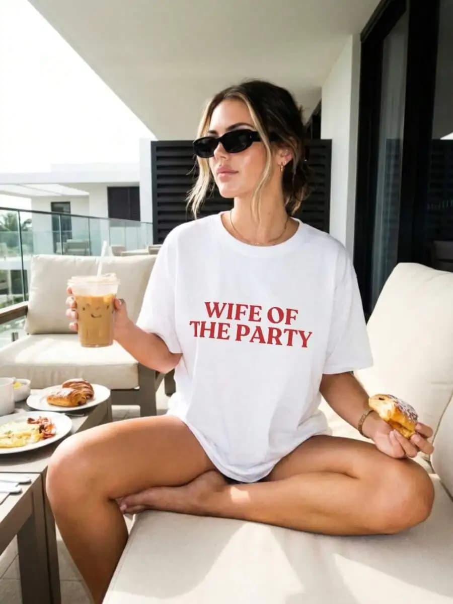 T-shirt con stampa slogan Wife Of The Party, top casual estivo a maniche corte da donna
