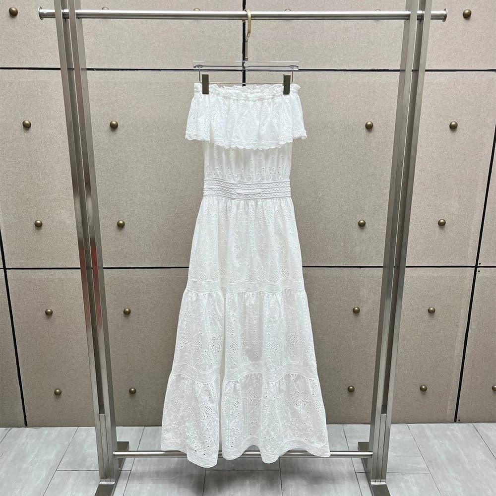 Summer Ladies Cotton Strapless Maxi Dress Eyelet Cutout Ruffle Off Shoulder Dress Drawstring Tiered Vacation Bohemian Long Dress