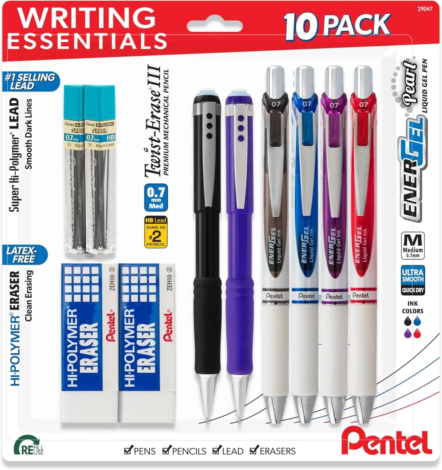 Set da Scrittura 10 Pezzi: 4 Penne Gel, 2 Matite Meccaniche, Gomme e Mine per Scuola/Ufficio