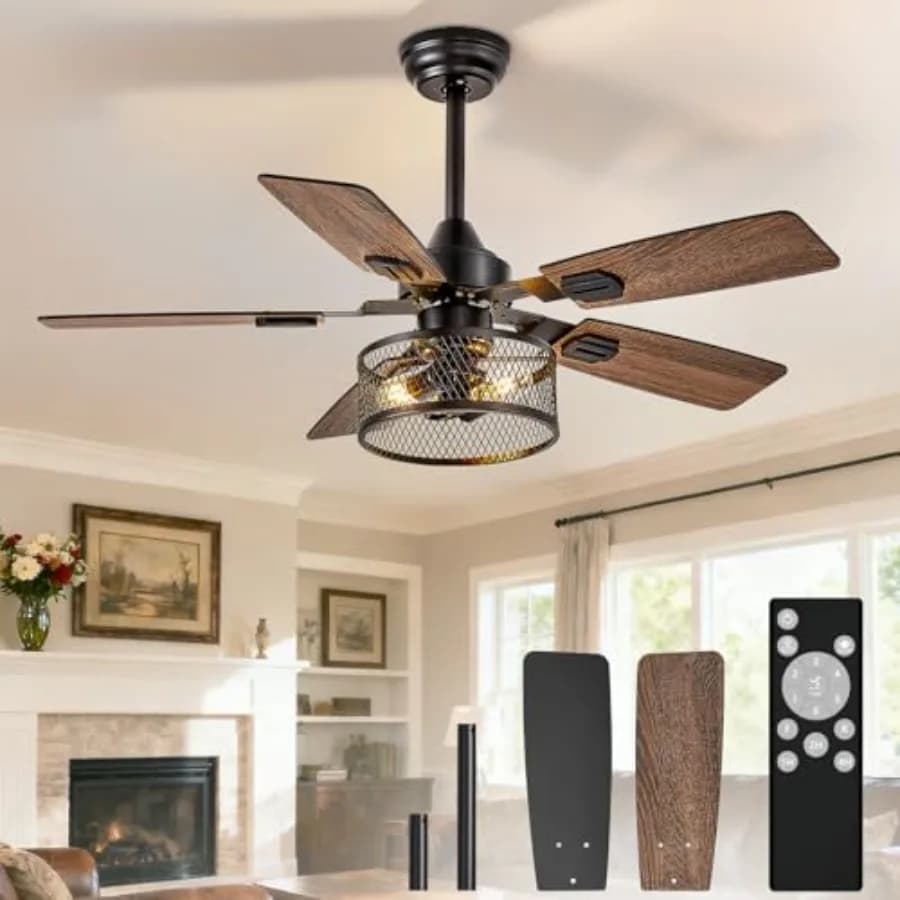 Ventilatori da Soffitto con Luci: Ventilatori da Soffitto a Gabbia con Doppia Finitura e 5 Pale - Ventilatore da Soffitto Rustico con Telecomando per Ambienti Industriali