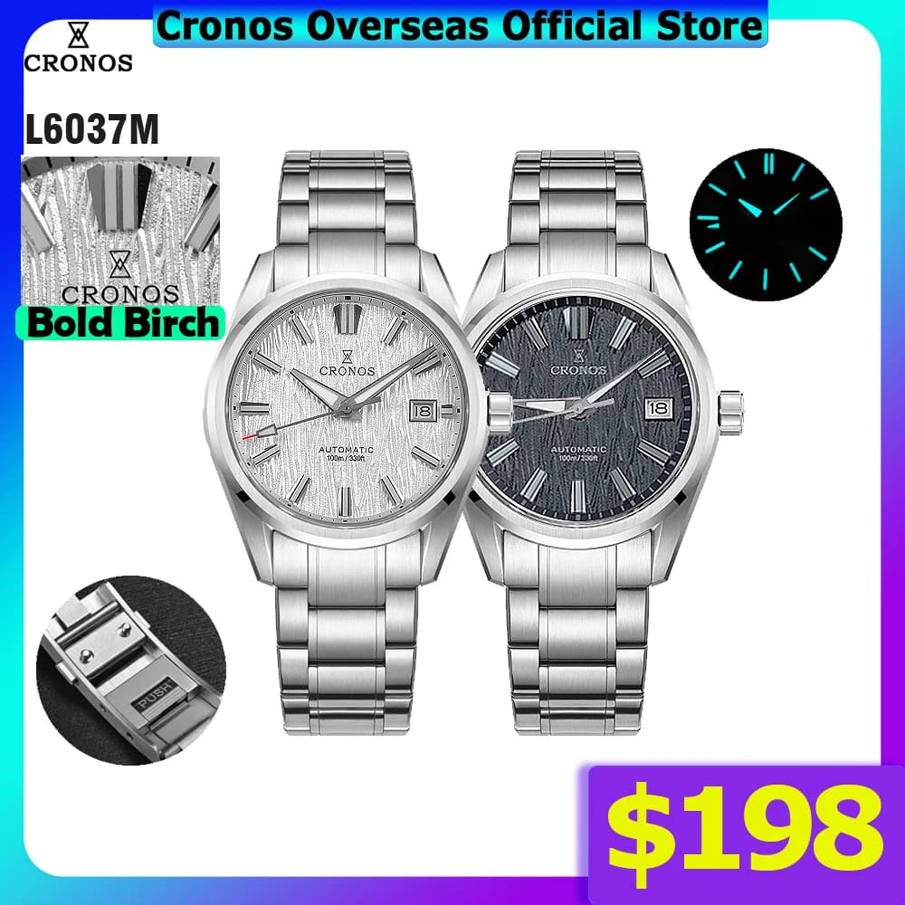 Orologio da uomo Cronos 39mm, automatico, quadrante in abete bianco, bracciale a maglie solide, vetro zaffiro, 10 ATM L6037M