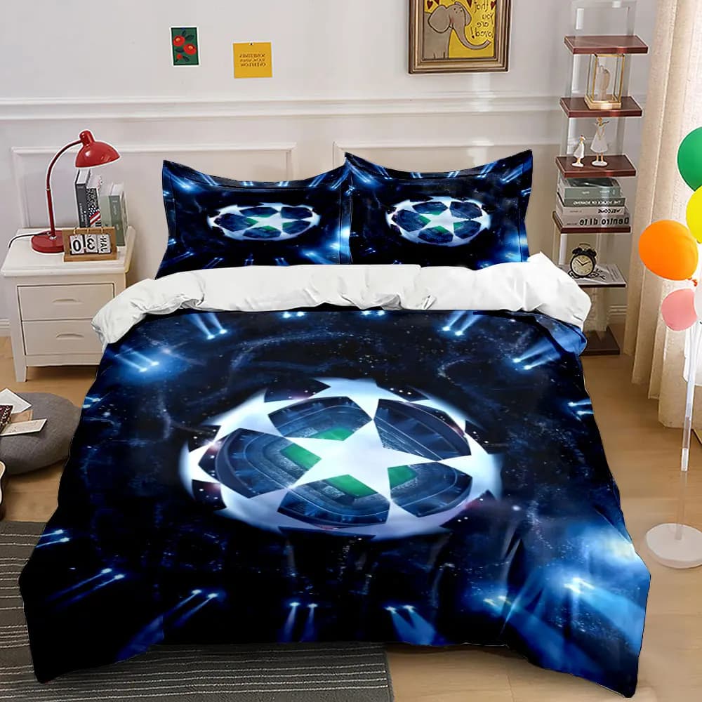 Champions League Starry Stadium Spotlight Football Bedding Set 3pcs, Dark Blue Luxury Night Match Scene Print Duvet Cover Set