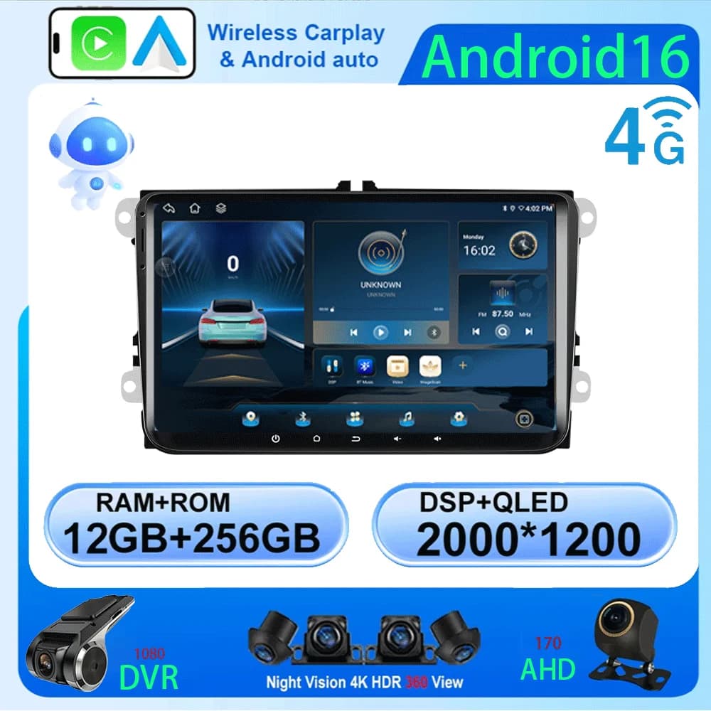 Autoradio Android 16 da 9 Pollici per VW/Volkswagen/Golf/Polo/Tiguan/Passat/B7/B6/Seat/Leon/Skoda/Octavia con GPS e Lettore Multimediale