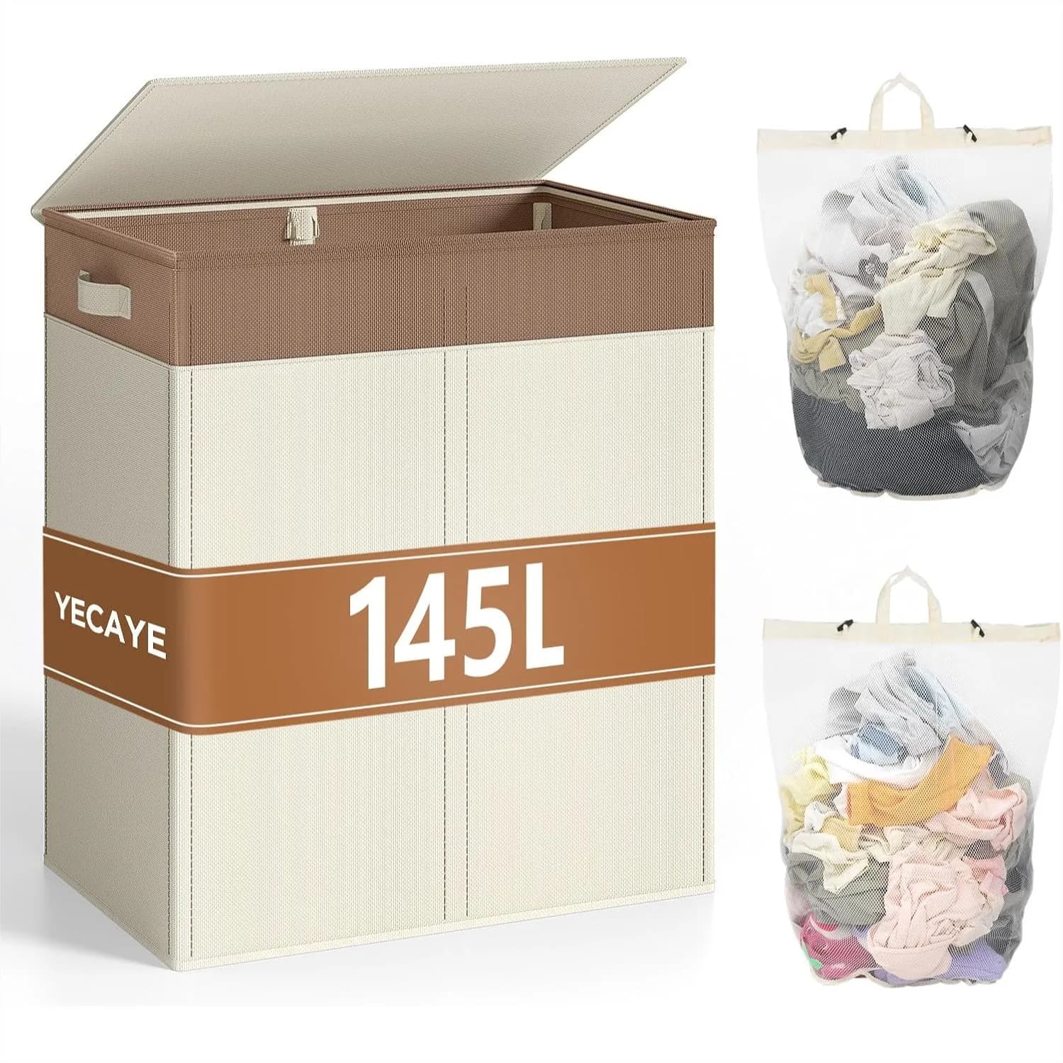 Cesto per Bucato Doppio da 145L con Coperchio, Due Scomparti con Sacchi Rimovibili, Cesto Pieghevole per Vestiti per Casa