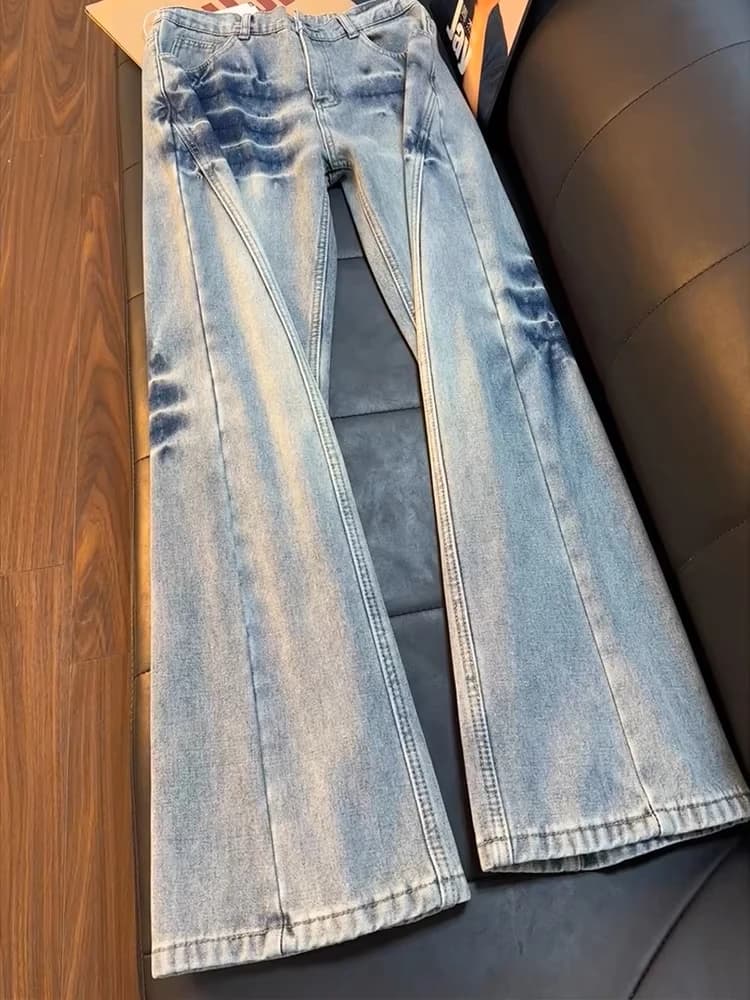 American Washed Lightning Pattern Slant Cut Thickened Fleece Men's Jeans Straight Leg Slimming Flared Casual Cotton Denim