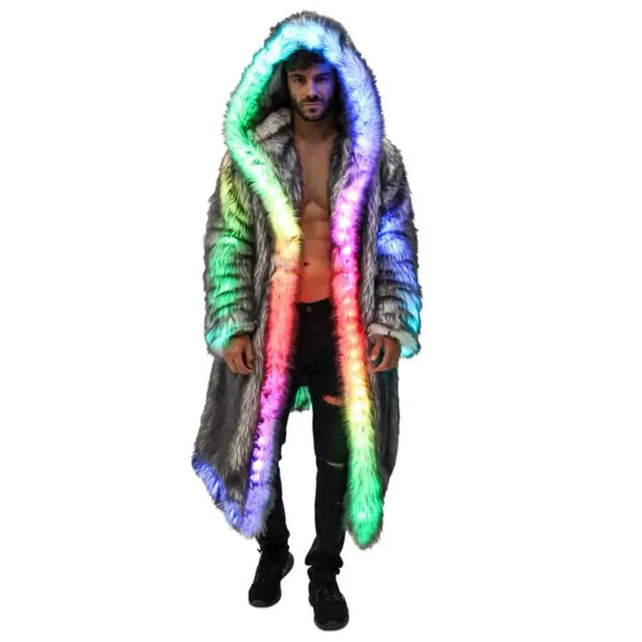 Cappotto in pelliccia sintetica da uomo Capispalla con cappuccio Comodo spesso invernale caldo giacca lunga LED Stage Dance Party Costume cosplay soprabito