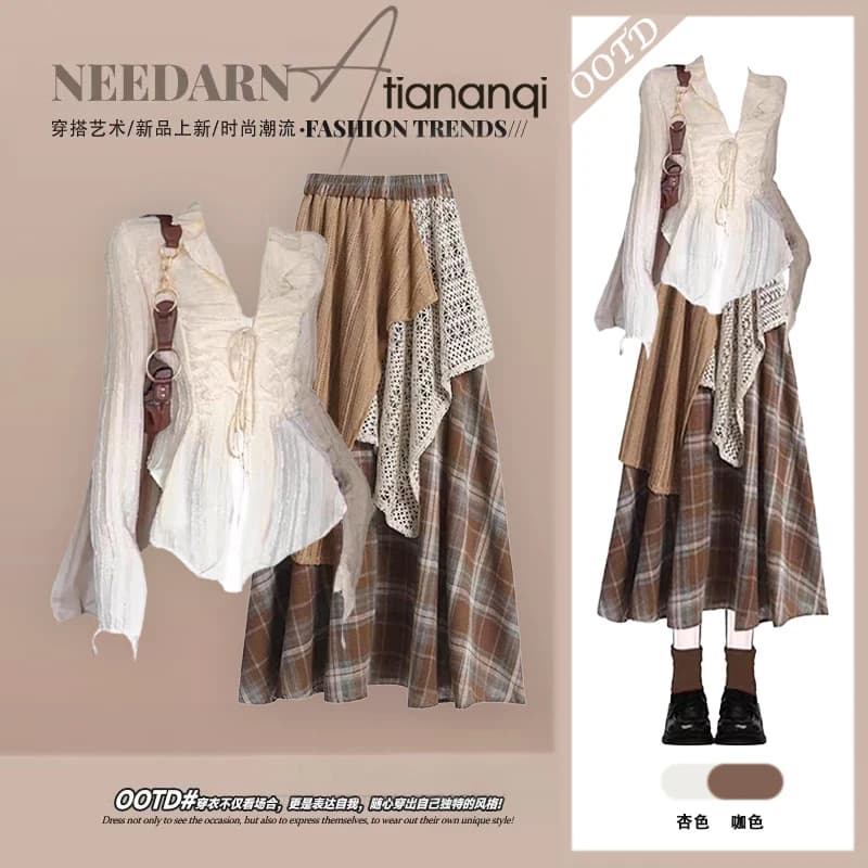 Korean Design Shirt Top High Waist Plaid Skirt Two Piece Set Summer Fashion Slimming Vintage Style Women's Clothing