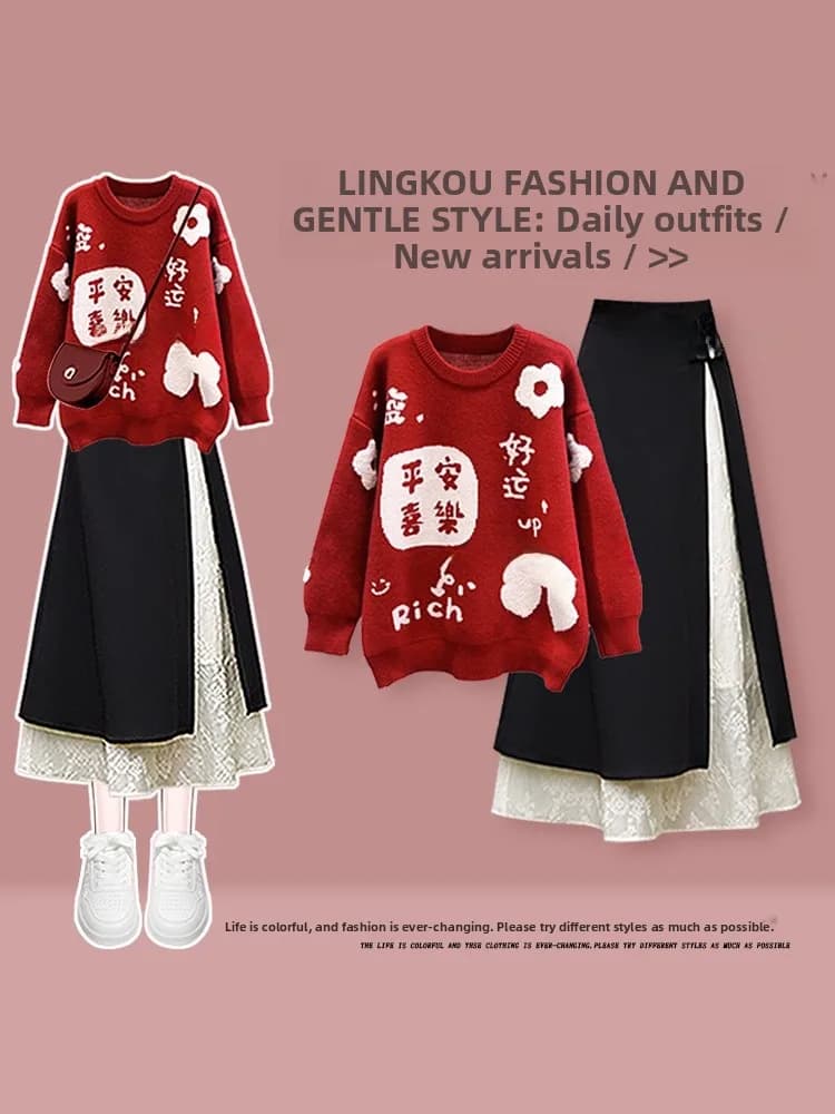 Set Autunno Inverno alla Moda per Taglie Forti: Maglione Rosso con Collo Tondo e Gonna Midi a Vita Alta Modellante