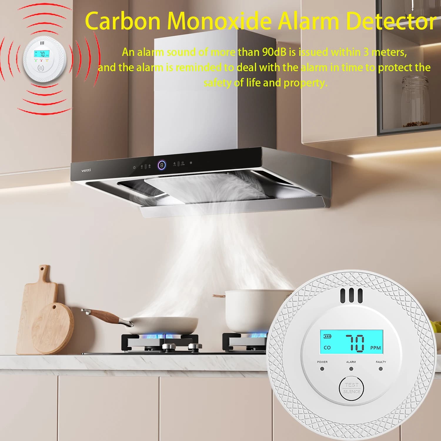Rilevatori di monossido di carbonio, rilevatori di allarme di monossido di carbonio a batteria sostituibili con display digitale e luci a LED