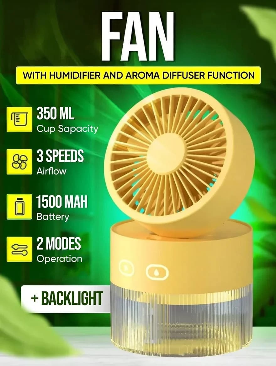 Ventilatore Umidificatore Ricaricabile 3-in-1 350ml Diffusore di Aromi a Nebbia Ultrasonica Raffreddamento a Ghiaccio Portatile Silenzioso per Camera da Letto Ufficio