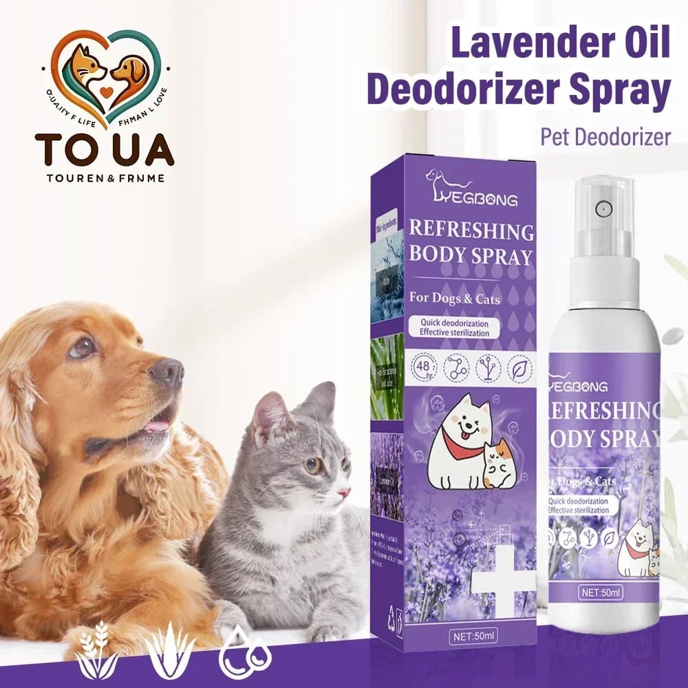Spray deodorizzazione per animali domestici 50ml Profumo per cani Olio di lavanda Spray deodorizzazione Anti prurito Profumato Pet Cat e Dog Beauty Care