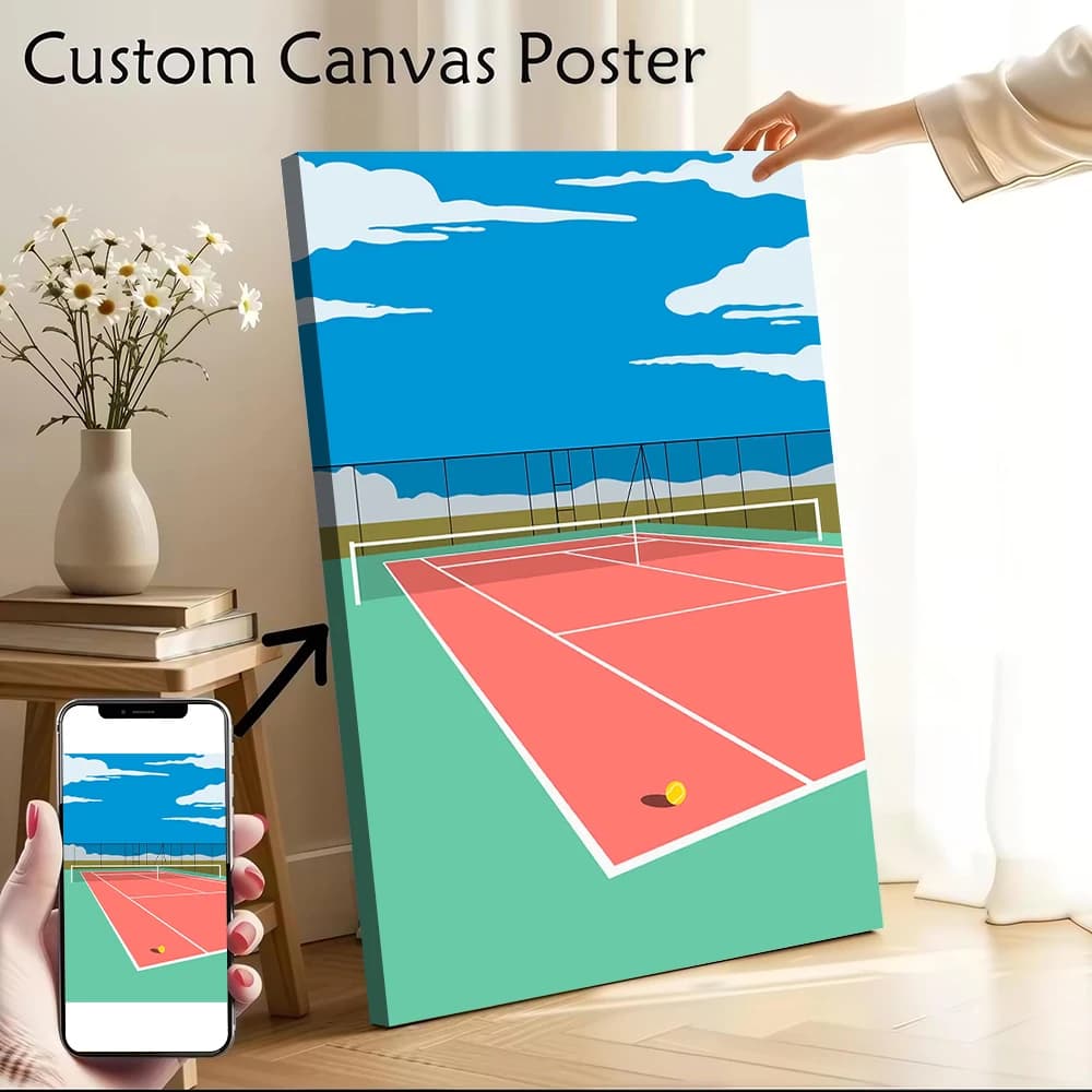Poster Campo da Tennis con Palla, Stampa Personalizzabile su Tela per Quadri, Arte Murale, Decorazione per Parete, Immagine Decorativa per Stanza