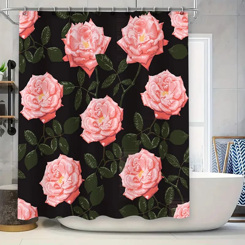 Tenda da doccia di lusso con stampa rosa rosa Tessuto impermeabile Decorazioni per il bagno Decorazione per la casa per vasca da bagno Nero Rosa 72x84 Set con asta
