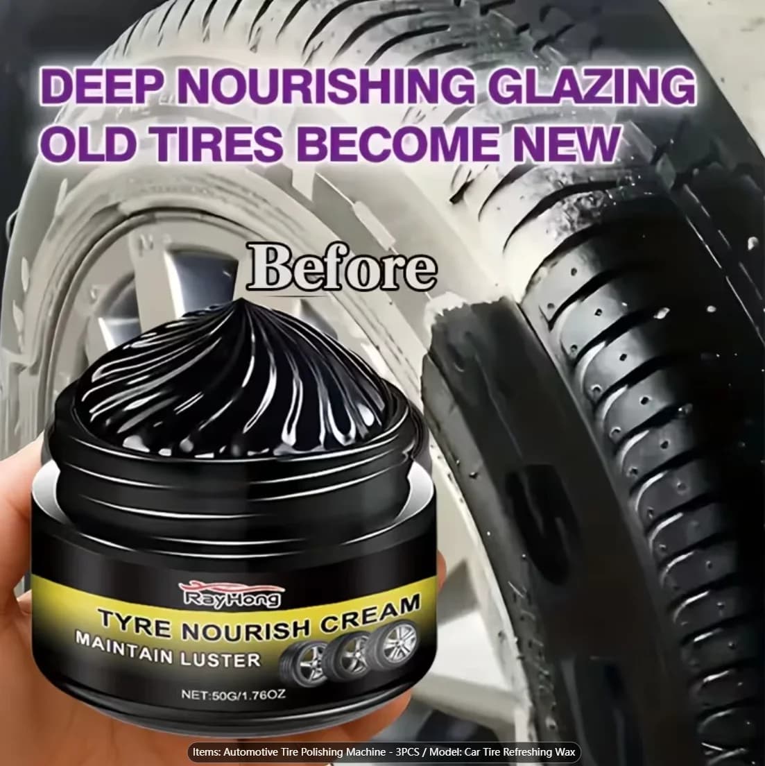 Car tire shine wax, tire brightener & tire waterproofer for tires and plastic parts. Premium care & polishing, long-lasting anti