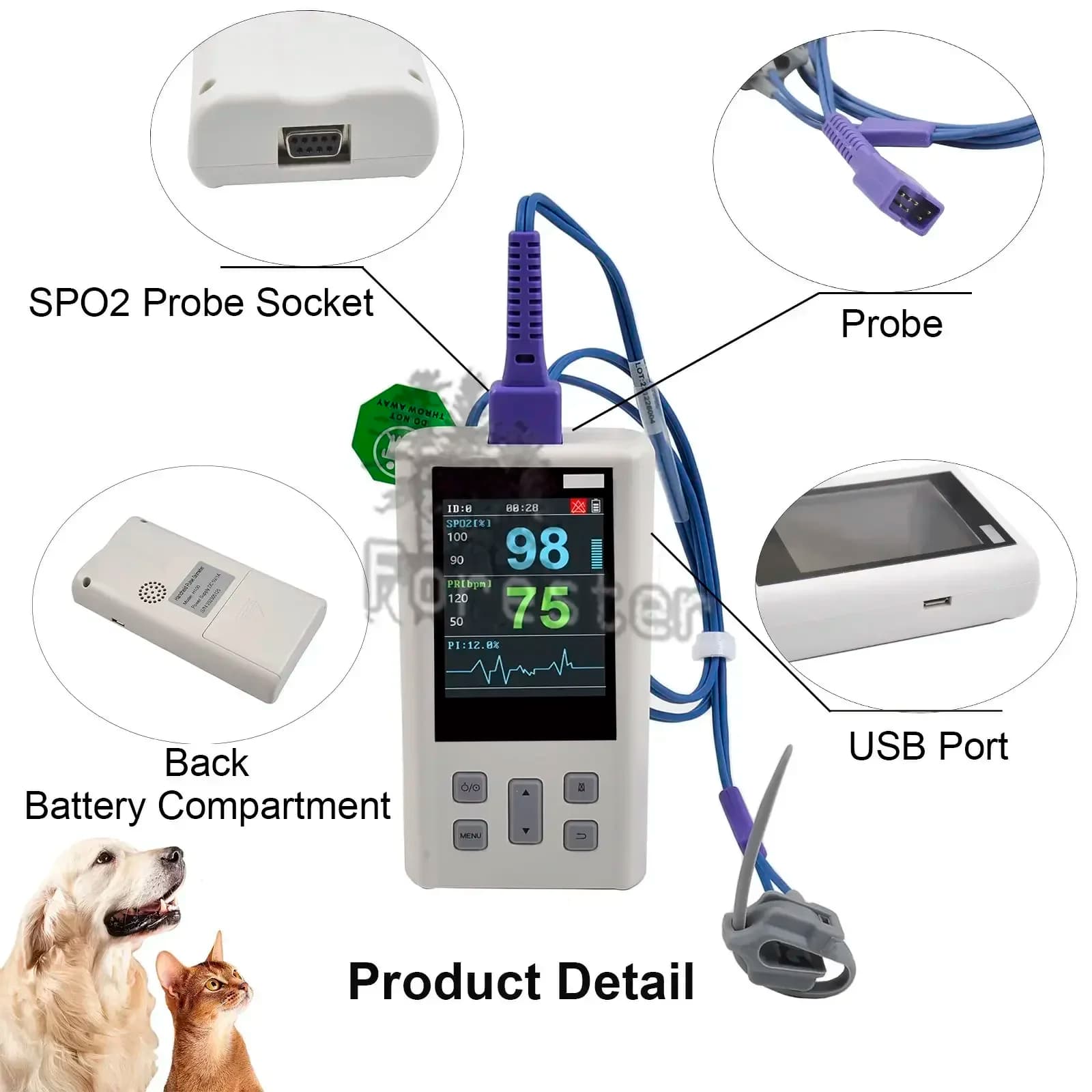 Portable pulse oximeter monitor for heart rate and oxygen saturation with veterinary and medical SPO2 with memory