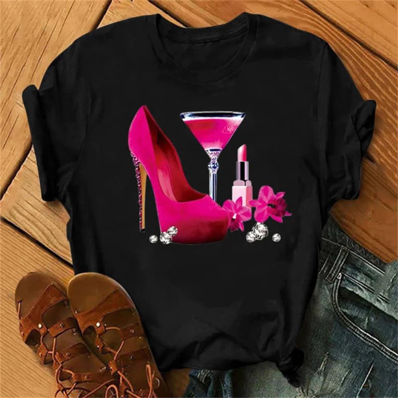 Nuove Magliette con Bicchieri di Vino in Oro Rosa, T-Shirt a Maniche Corte per Donne, Divertenti Magliette con Bicchieri di Vino, Stile Anni '90 Ulzzang, Top Neri Femminili
