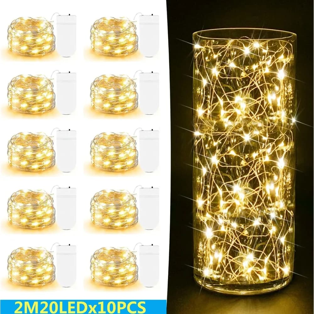 10 lucine a corda in filo di rame argentato, luci decorative alimentate a batteria per decorazioni natalizie per feste di matrimonio con batteria