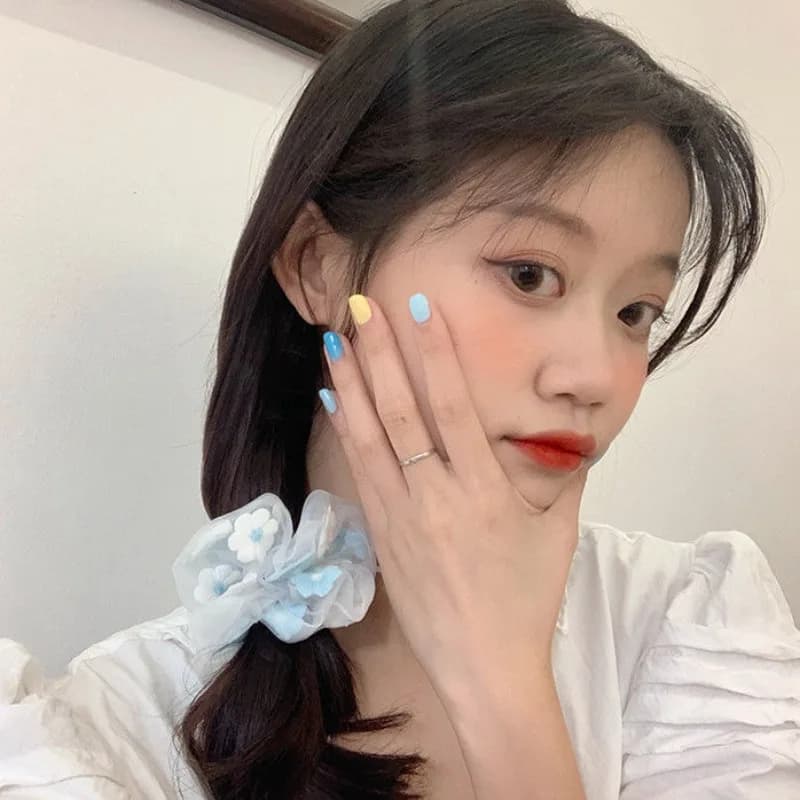 Korean Ins Embroidery Flower Hair Ring Organza Turquoise Ring Knit Ring Sweater Girl Forest Hair Accessories Soft Hair Racing