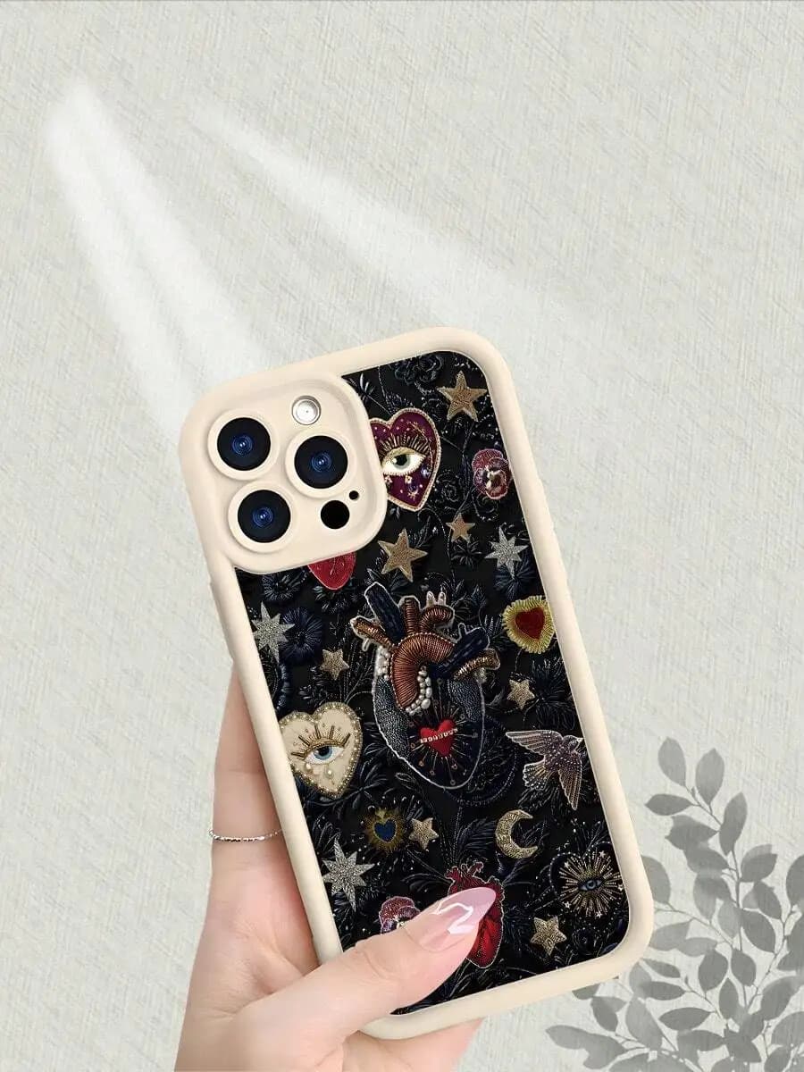 Embroidered Anatomical Heart Sacred Eye Celestial Star Moon Pattern Soft Shockproof Phone Case For iPhone 15 14 13 12 11 X 7